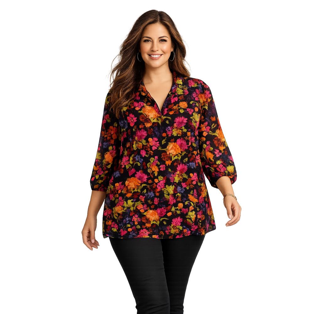 Roaman’s Floral Blouse Women’s 26W Black Bright Floral 3/4 Sleeve Tunic Top